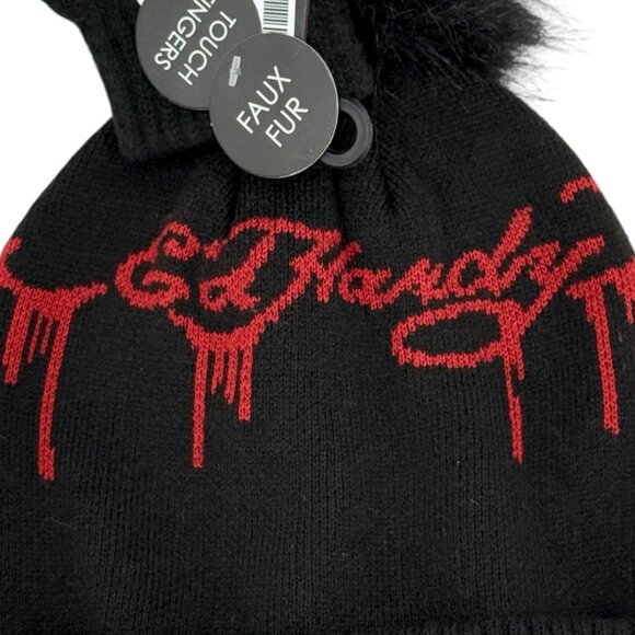 Ed Hardy Women's Black Beanie & Gloves Set With Faux Fur Pom Red Logo NWT - Picture 3 of 8